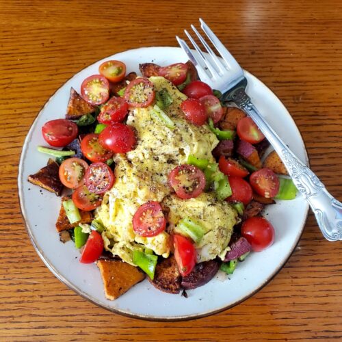 Scrambled Eggs w/ Sweet Potato & Garden Vegetables