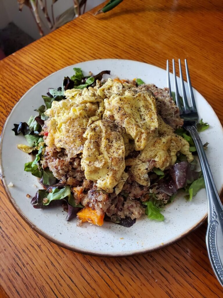 Scrambled Eggs w/ Sweet Potato Quinoa Salad