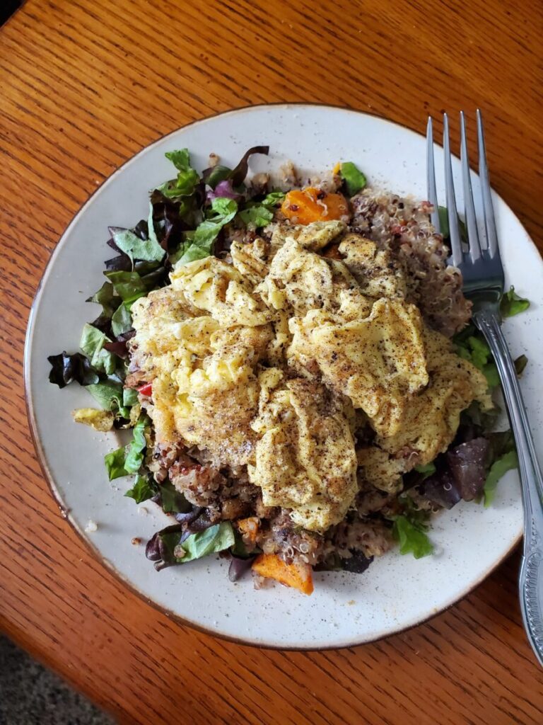 Scrambled Eggs w/ Sweet Potato Quinoa Salad