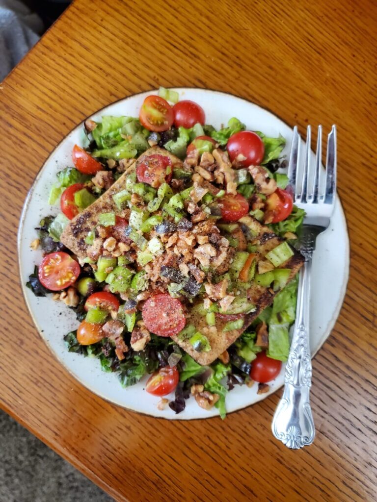 Salad w/ Tofu Steak, Cherry Tomatoes, & Walnuts