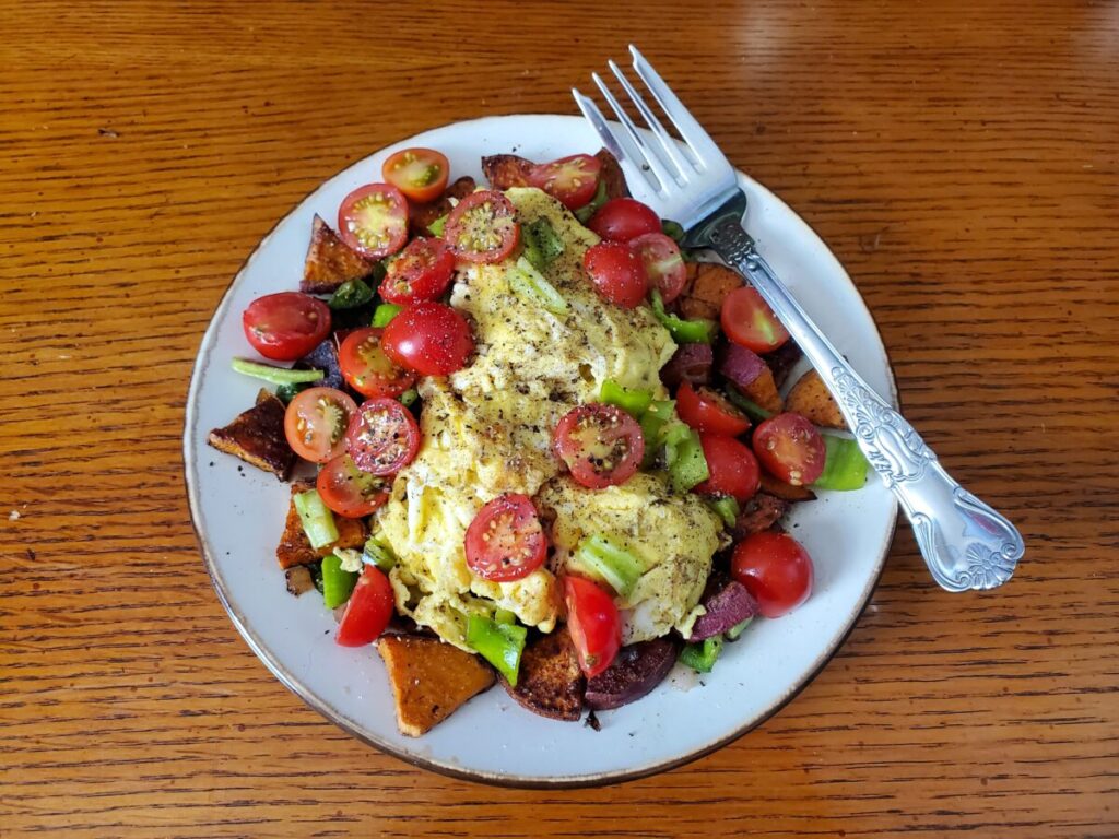 Scrambled Eggs w/ Sweet Potato & Garden Vegetables