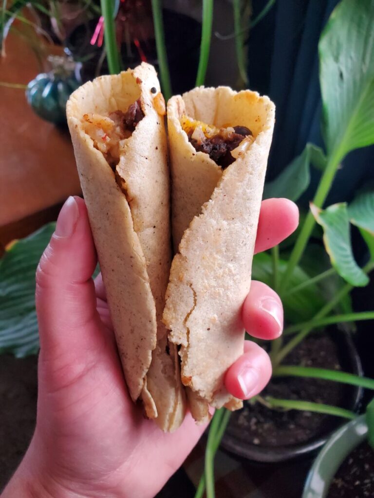 Burritos w/ Homemade Tortillas, Black Beans, Rice, and Enchilada Sauce