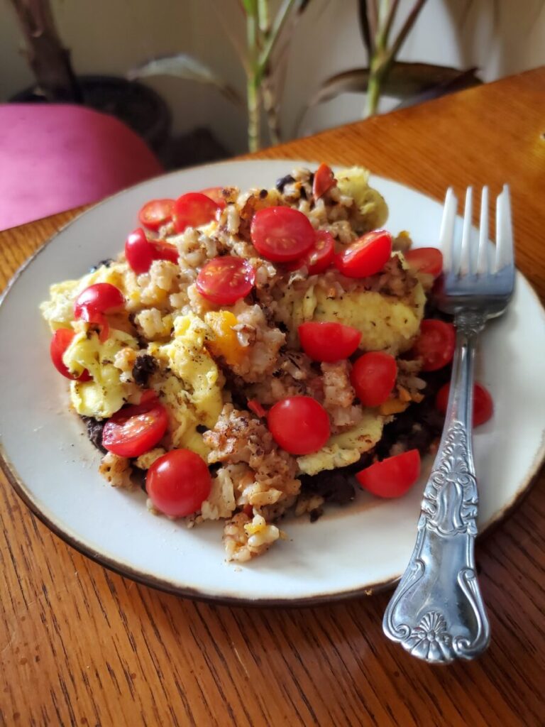 Scrambled Eggs w/ Black Beans, Rice, & Garden Tomatoes