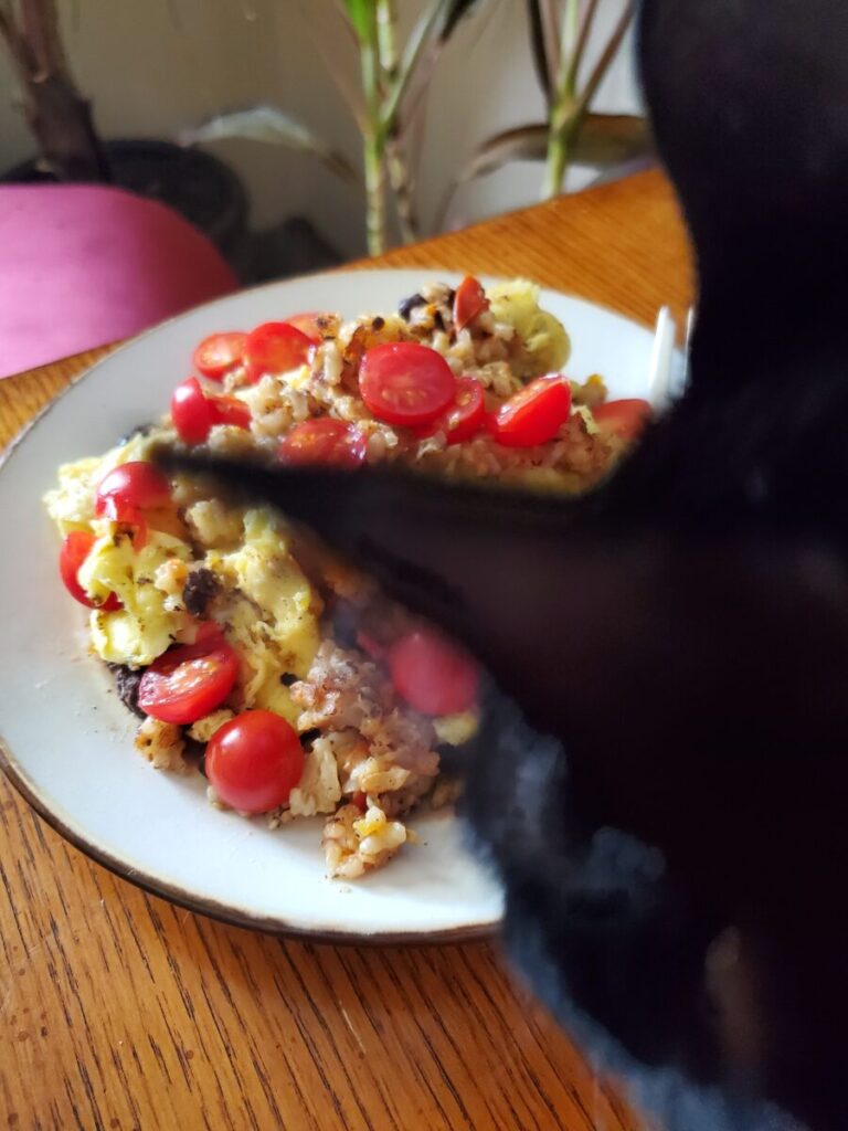 Scrambled Eggs w/ Black Beans, Rice, & Garden Tomatoes, Esmérelda