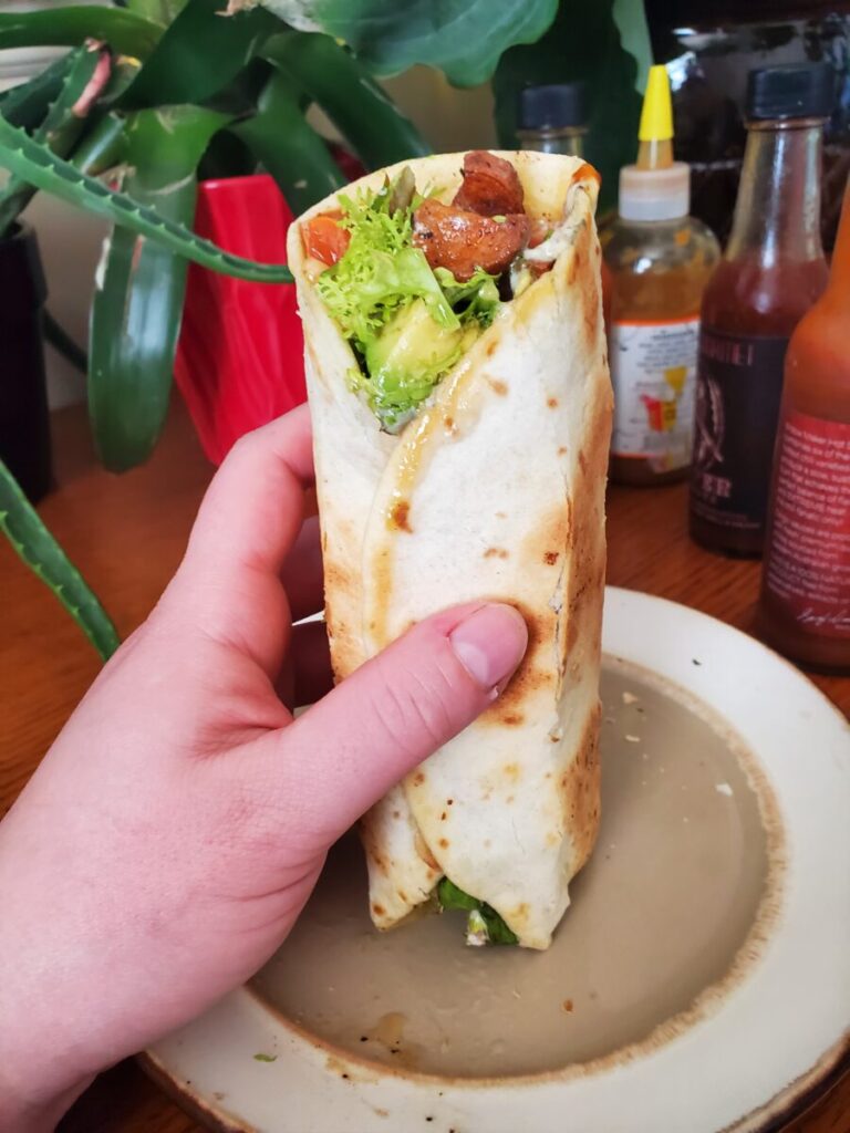 Burrito w/ Sweet Potatoes, Mesclun, & Avocados