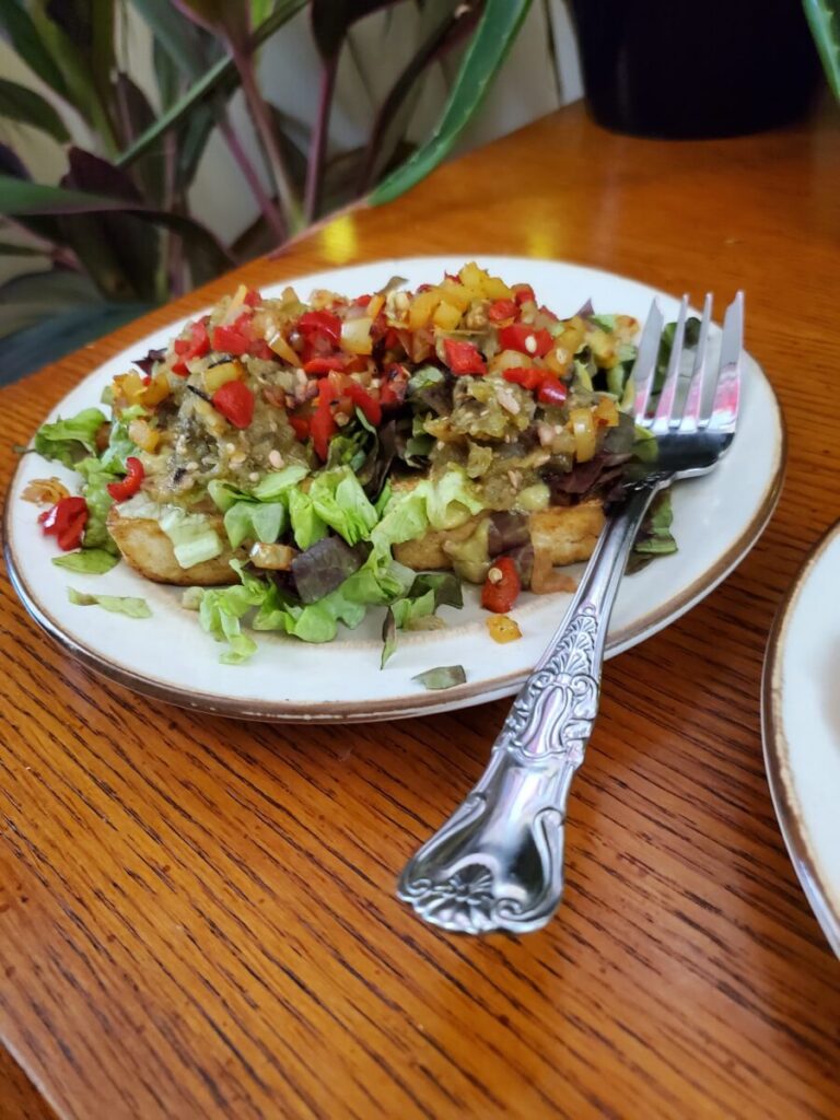 Salad w/ Tofu Steak, Guacamole, & Tomatillo Salsa