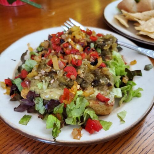 Salad w/ Tofu Steak, Guacamole, & Tomatillo Salsa