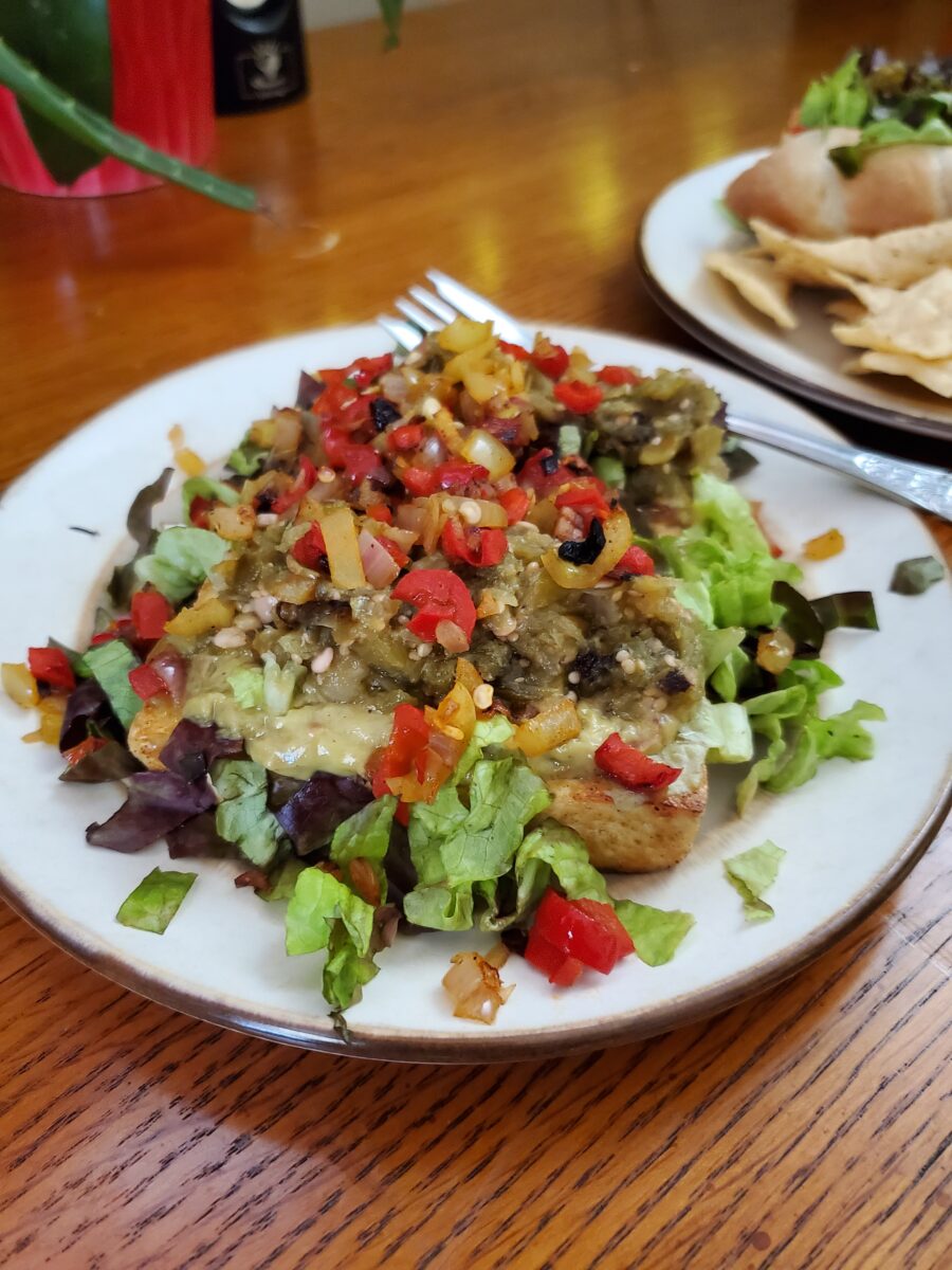 Salad w/ Tofu Steak, Guacamole, & Tomatillo Salsa