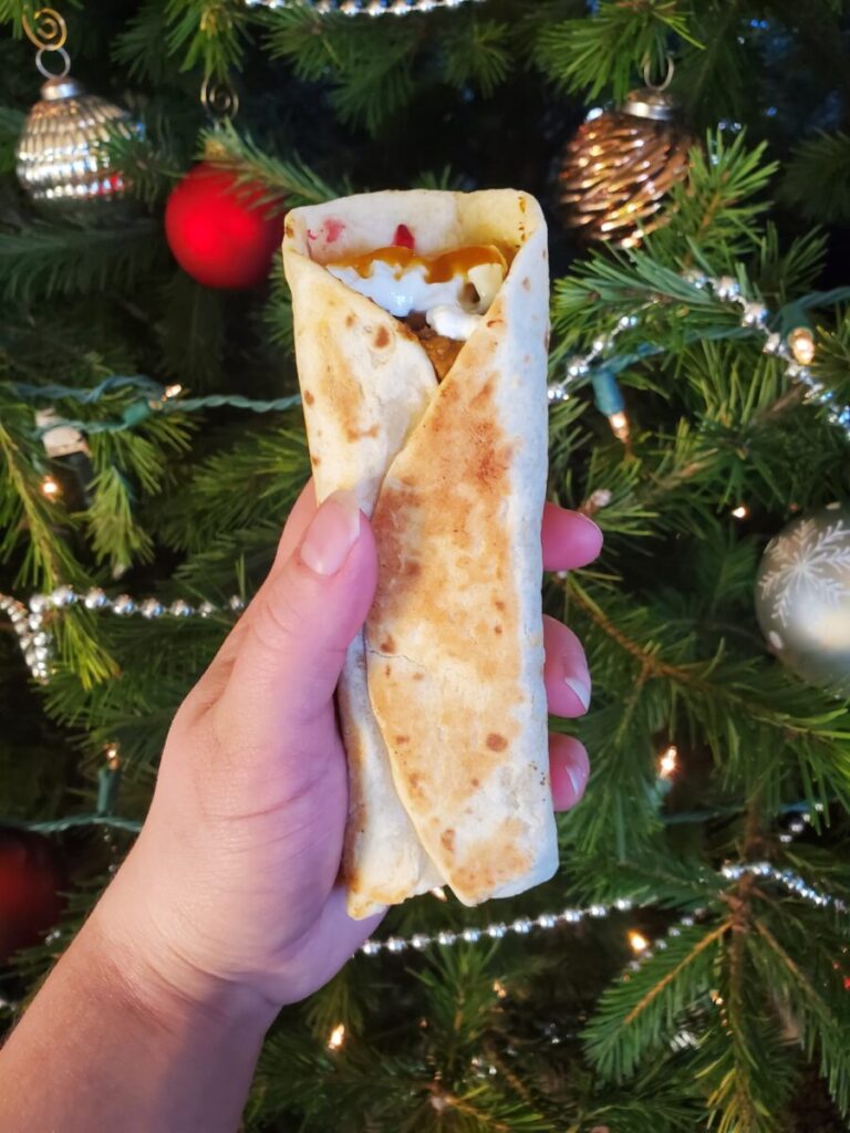 Thanksgiving Leftover Burrito w/ Lentils, Mashed Potatoes, & Cranberry Sauce