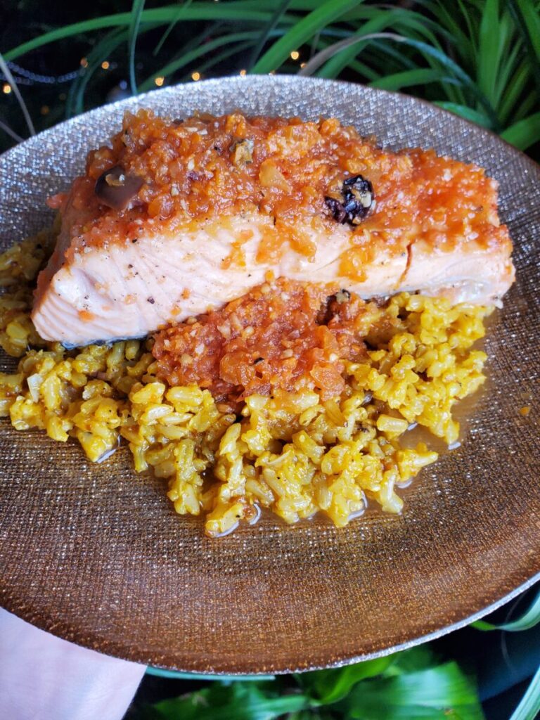 Salad w/ Wine Poached Salmon & Saffron Rice