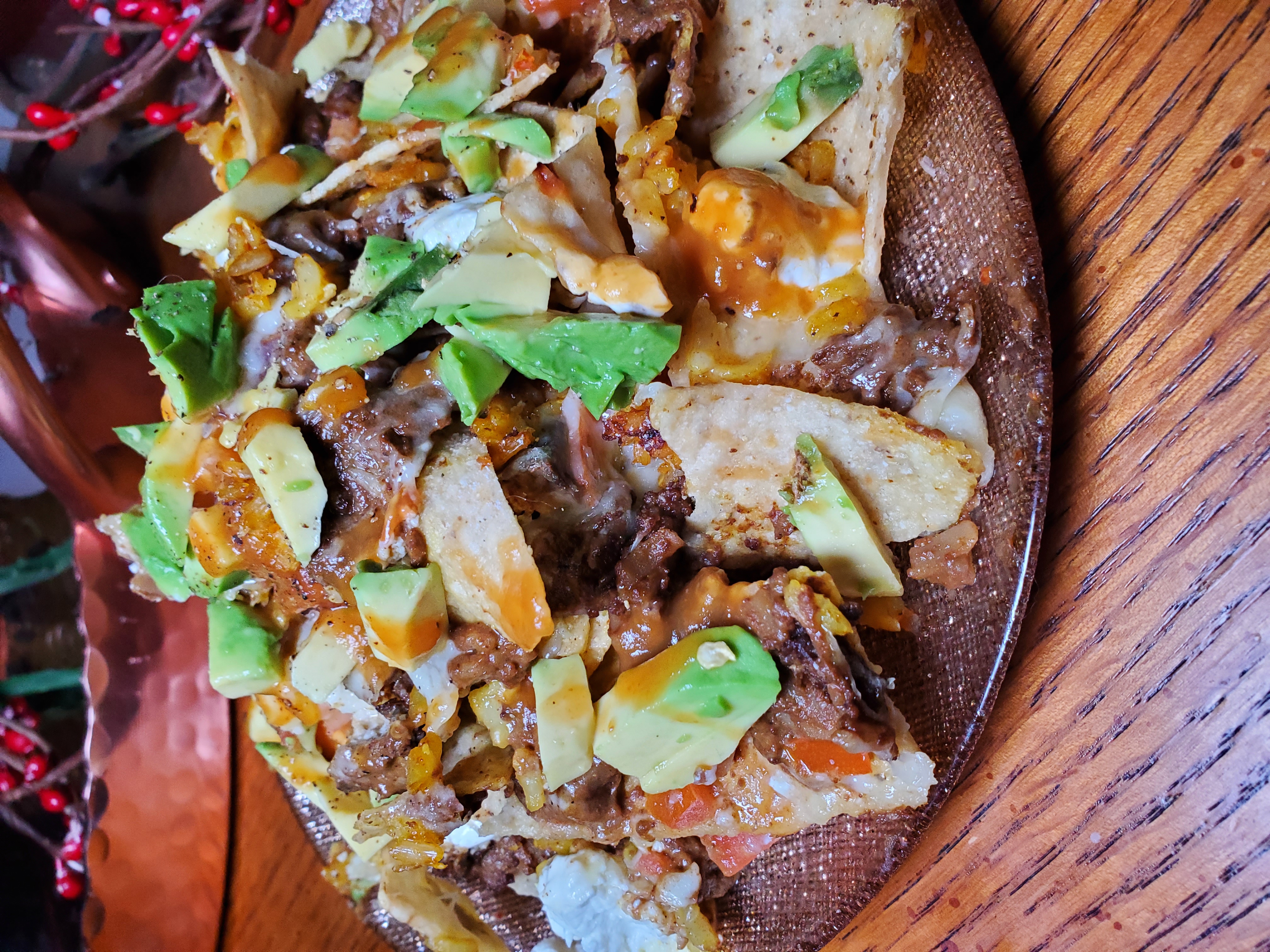 Nachos w/ Chocolate Curry, Saffron Rice, & Avocados