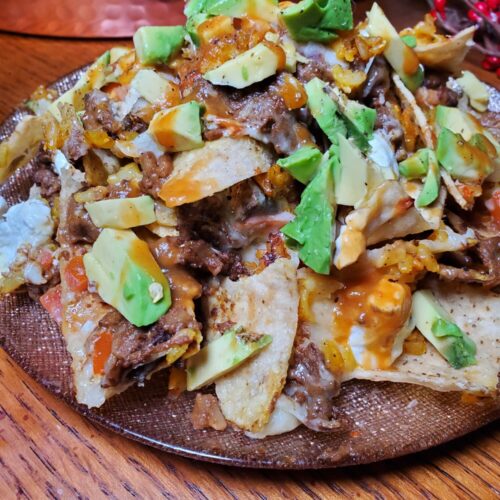 Nachos w/ Chocolate Curry, Saffron Rice, & Avocados