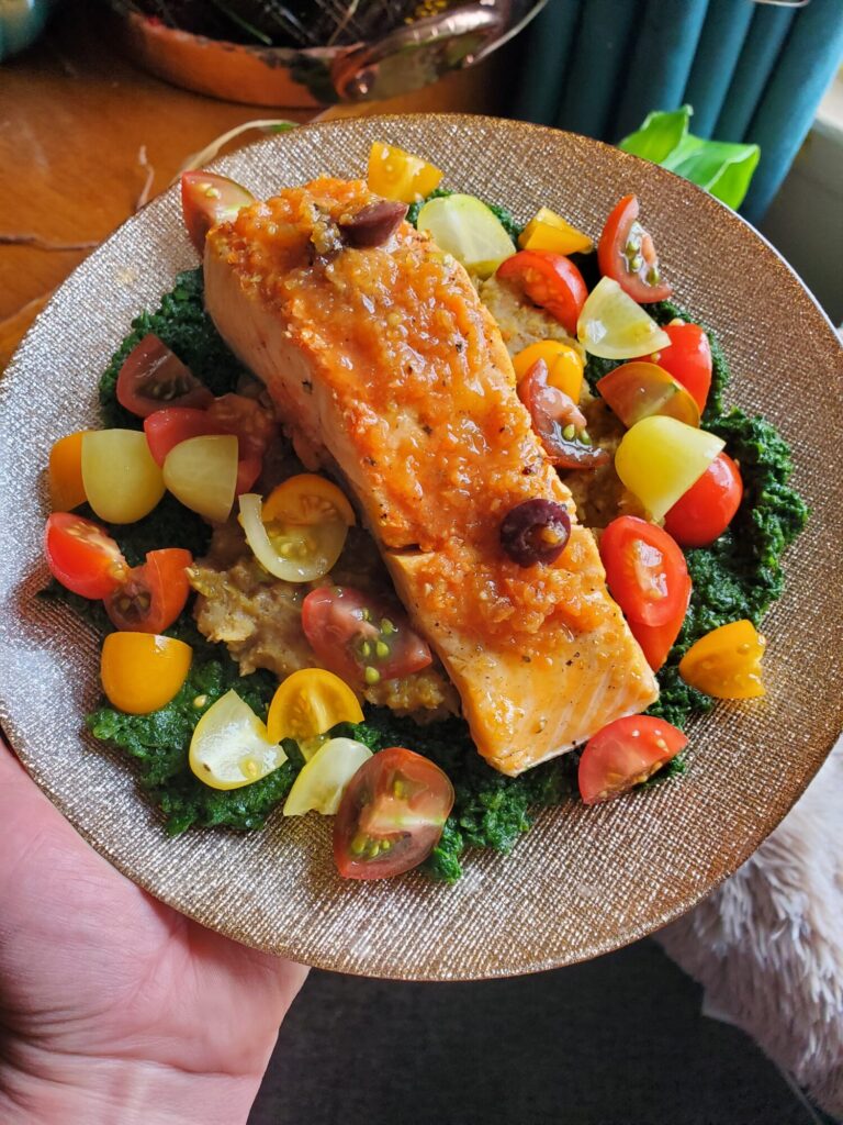 Salad w/ Wine Poached Salmon, Ethiopian Lentils, & Sautéed Spinach