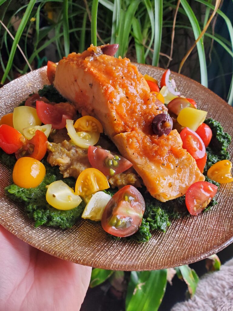 Salad w/ Wine Poached Salmon, Ethiopian Lentils, & Sautéed Spinach