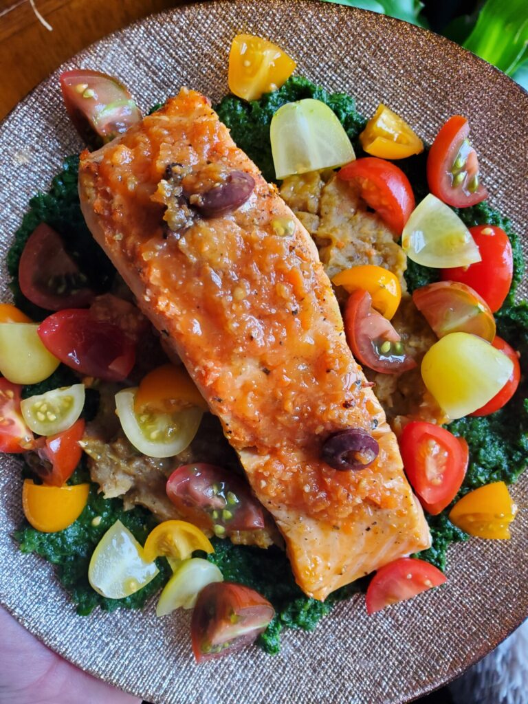 Salad w/ Wine Poached Salmon, Ethiopian Lentils, & Sautéed Spinach