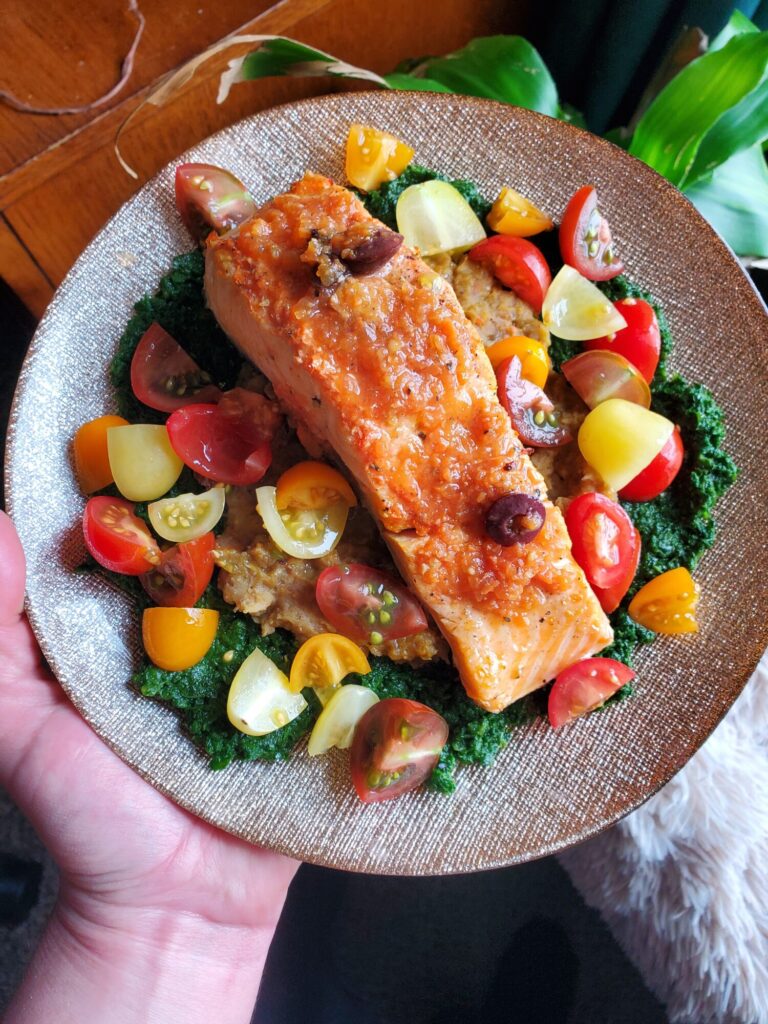 Salad w/ Wine Poached Salmon, Ethiopian Lentils, & Sautéed Spinach