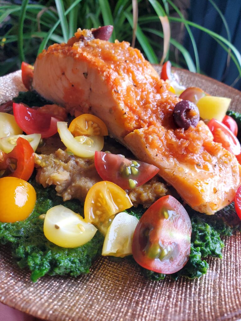 Salad w/ Wine Poached Salmon, Ethiopian Lentils, & Sautéed Spinach