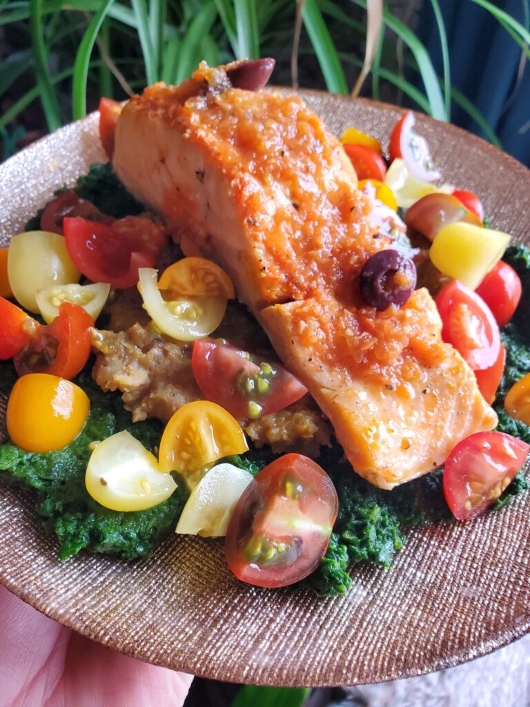 Salad w/ Wine Poached Salmon, Ethiopian Lentils, & Sautéed Spinach