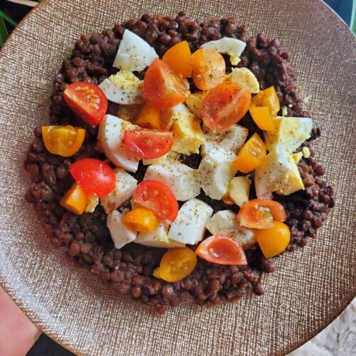 Salad w/ Black Lentils, Hardboiled Eggs, & Tomatoes