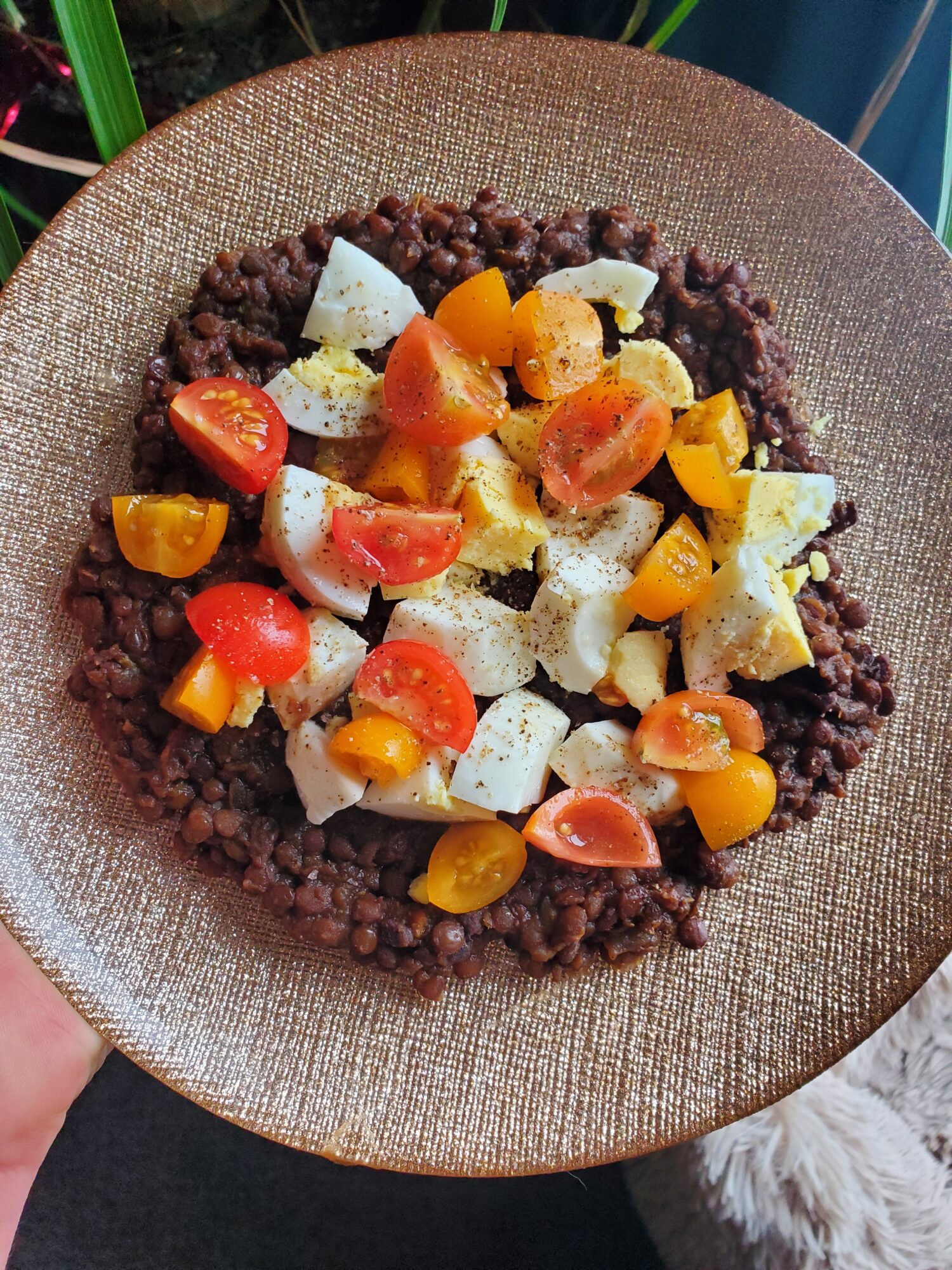 Salad w/ Black Lentils, Hardboiled Eggs, & Tomatoes