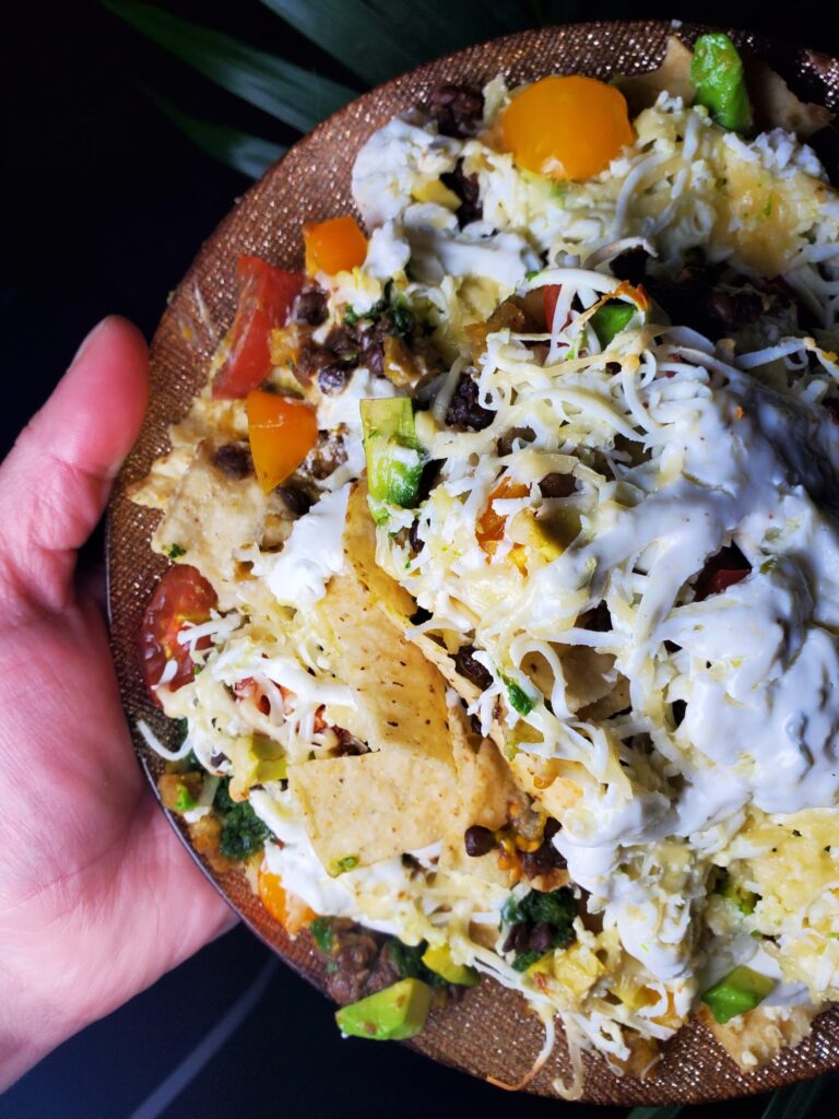 Ethiopian Nachos w/ Black Lentils, Sautéed Spinach, & Tzatziki