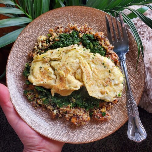 Scrambled Eggs w/ Sweet Potato Quinoa & Sautéed Spinach