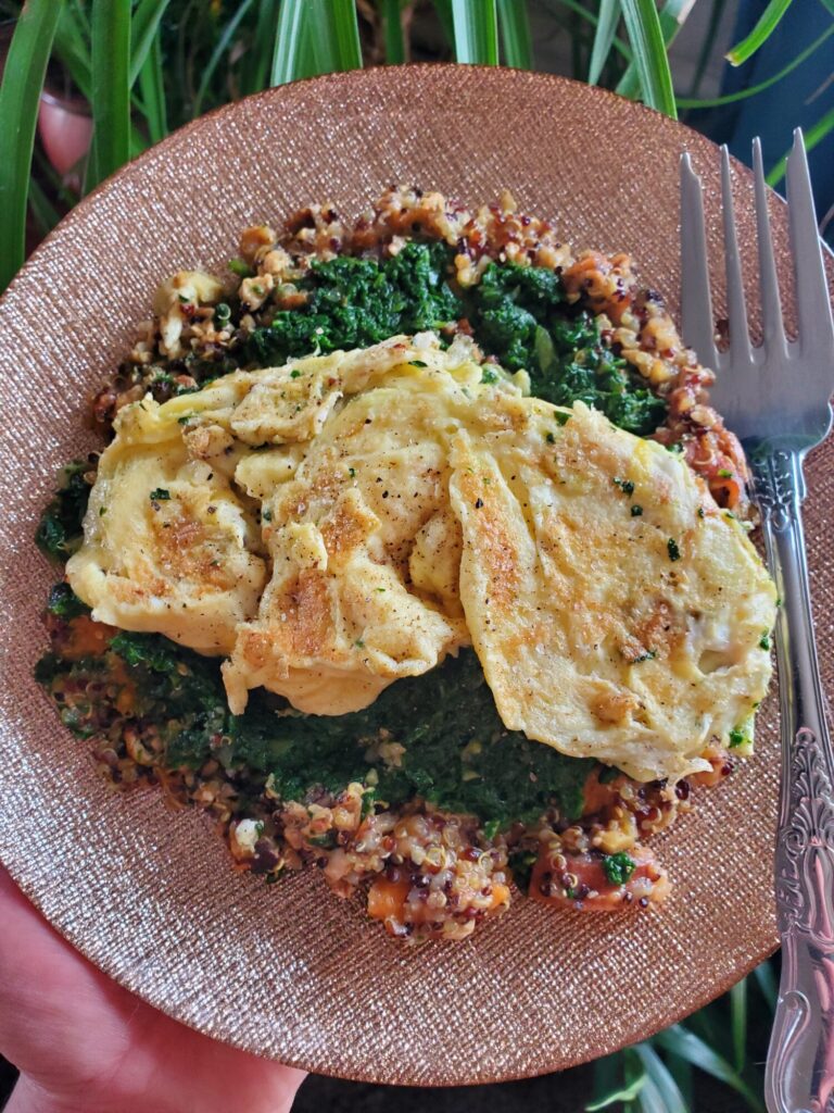 Scrambled Eggs w/ Sweet Potato Quinoa & Sautéed Spinach