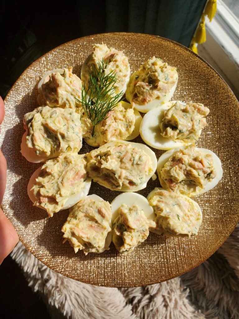 Mayonnaise-Free Deviled Eggs w/ Salmon & Dill