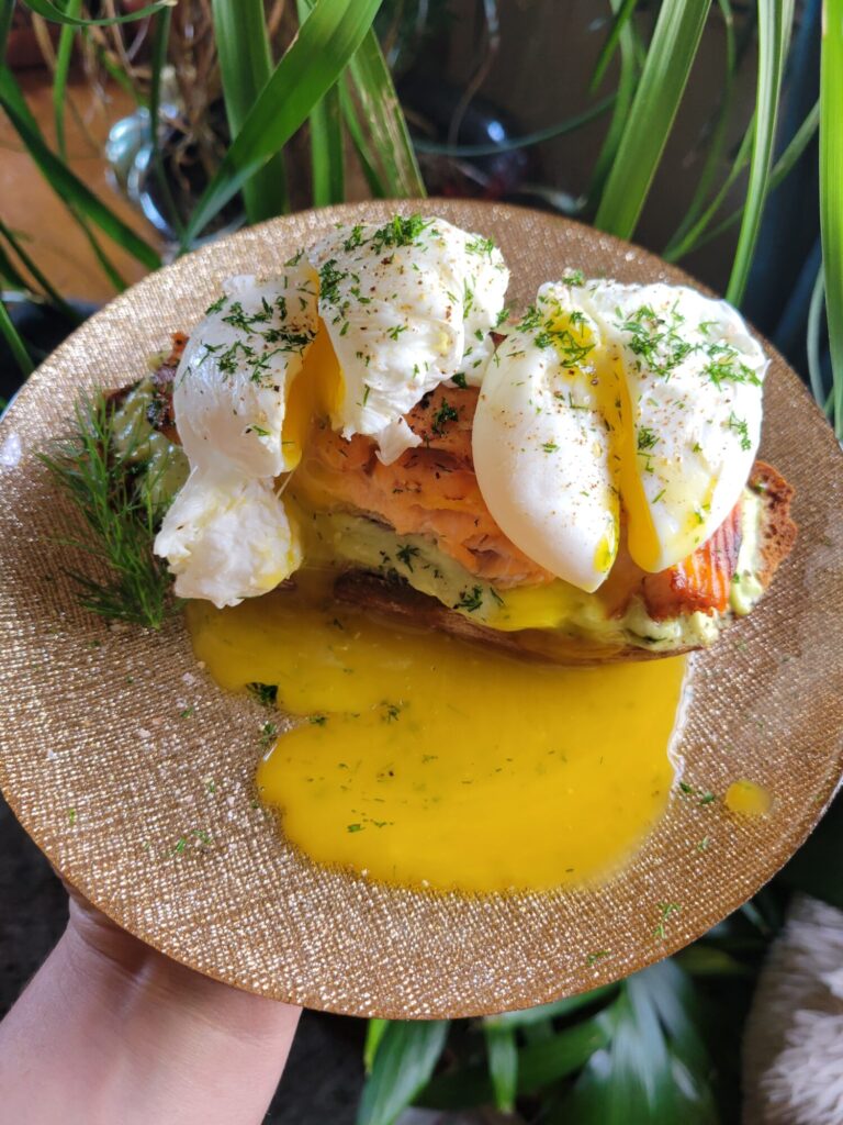 Bruschetta w/ Salmon, Poached Egg, Avocado Dip
