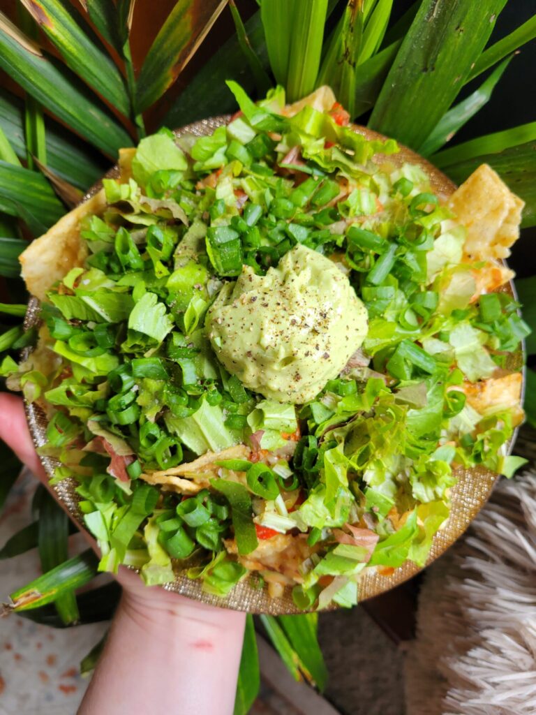 Nachos w/ Vermicelli, Lettuce, & Avocado Dip