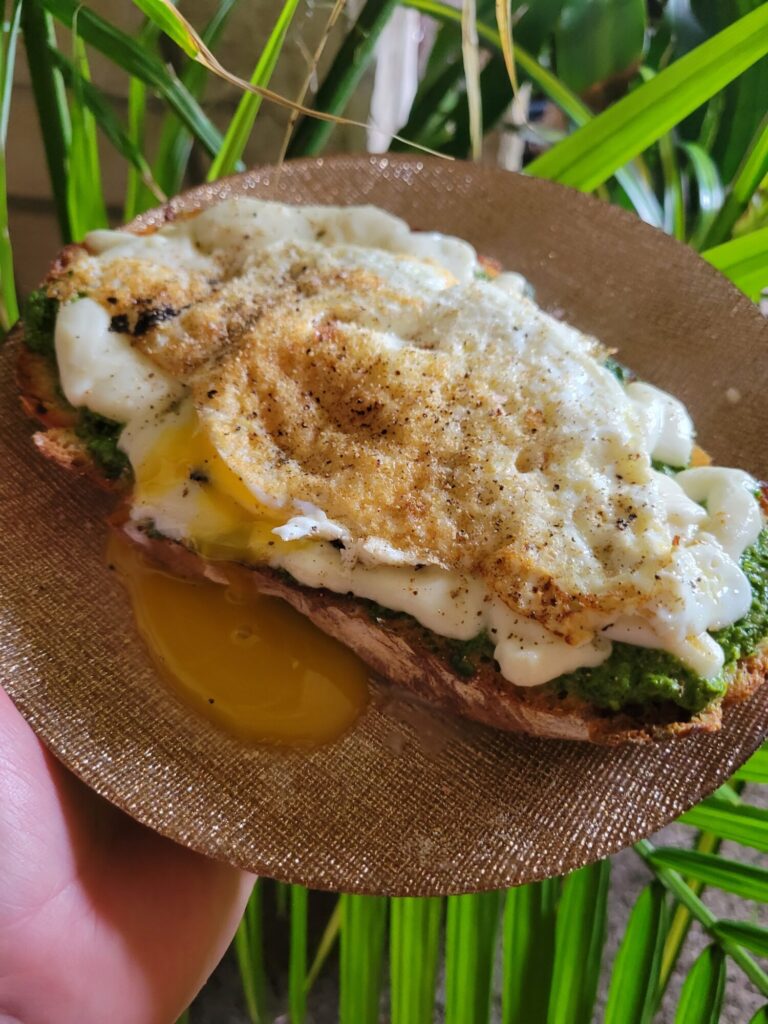 Bruschetta w/ Spinach Dip, Mozzarella, & Runny Egg