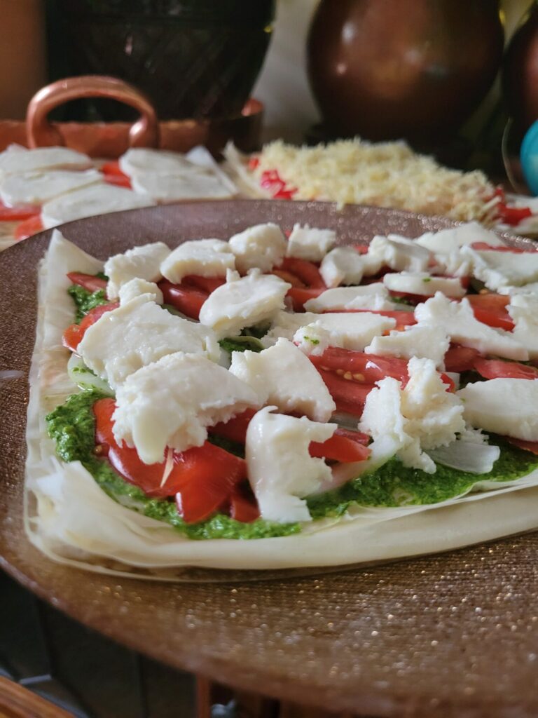 BBQ Phyllo Dough Pizza w/ Tomatoes & Mozzarella