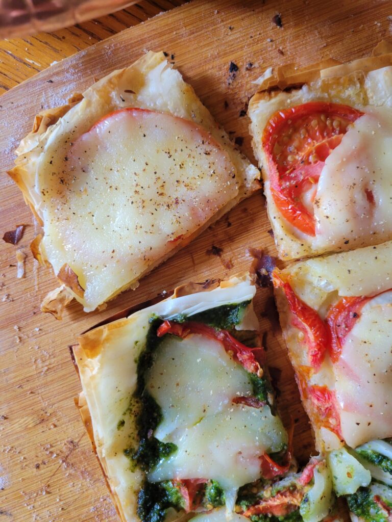 BBQ Phyllo Dough Pizza w/ Tomatoes & Mozzarella