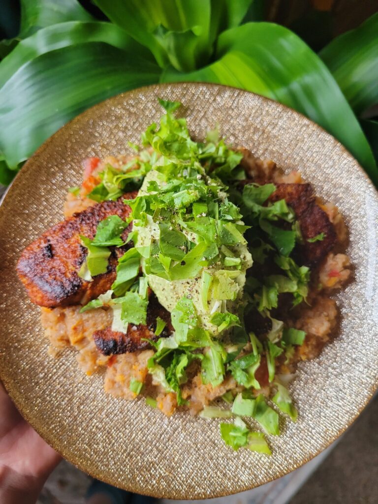 Blackened Tilapia w/ Quinoa, Lettuce & Avocado Dip