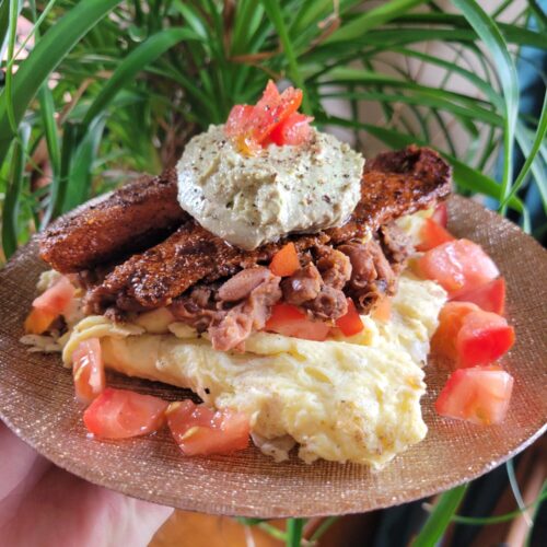 Scrambled Eggs w/ Blackened Tilapia & Pinto Beans