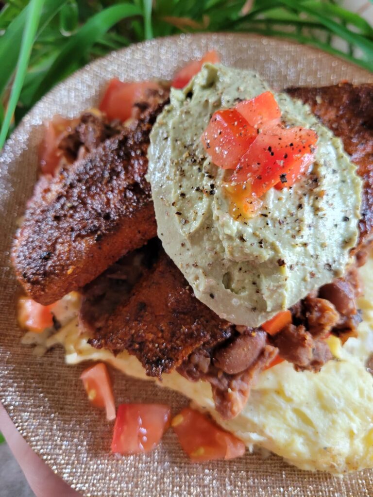 Scrambled Eggs w/ Blackened Tilapia & Pinto Beans