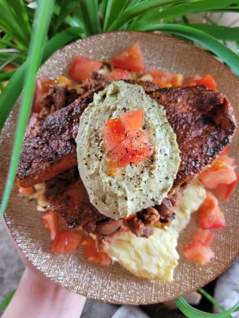 Scrambled Eggs w/ Blackened Tilapia & Pinto Beans