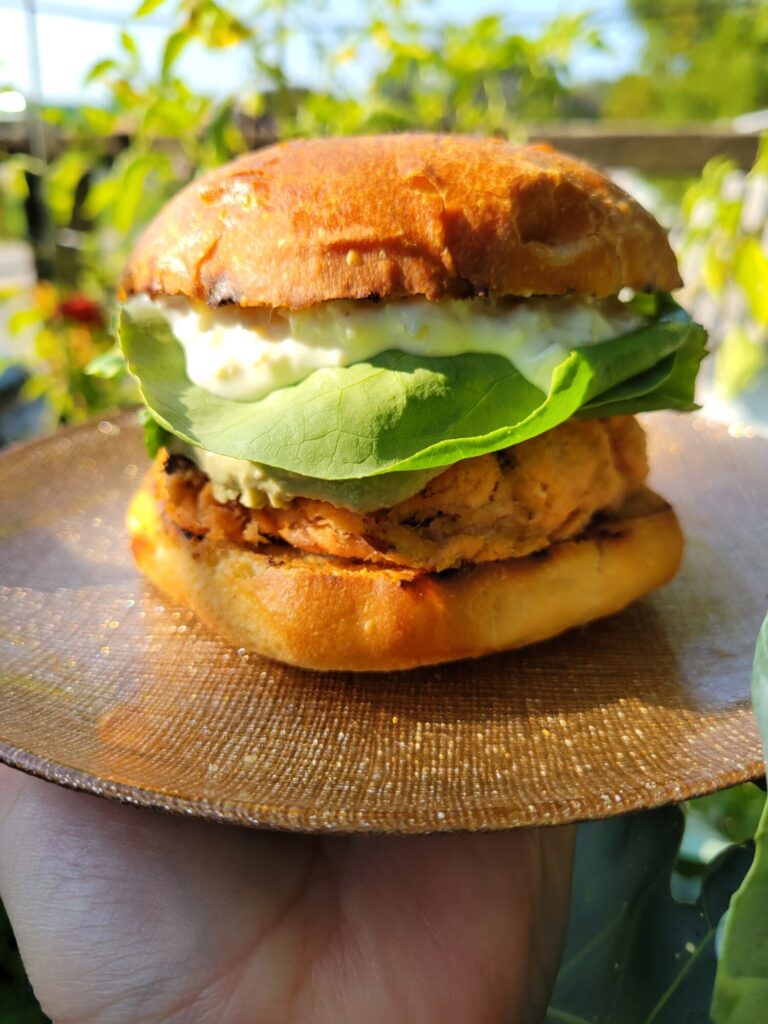 Barbecue Salmon Burgers w/ Tartar Sauce & Avocados