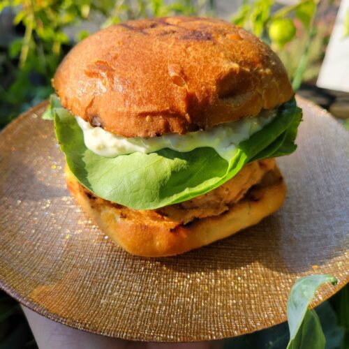 Barbecue Salmon Burgers w/ Tartar Sauce & Avocados