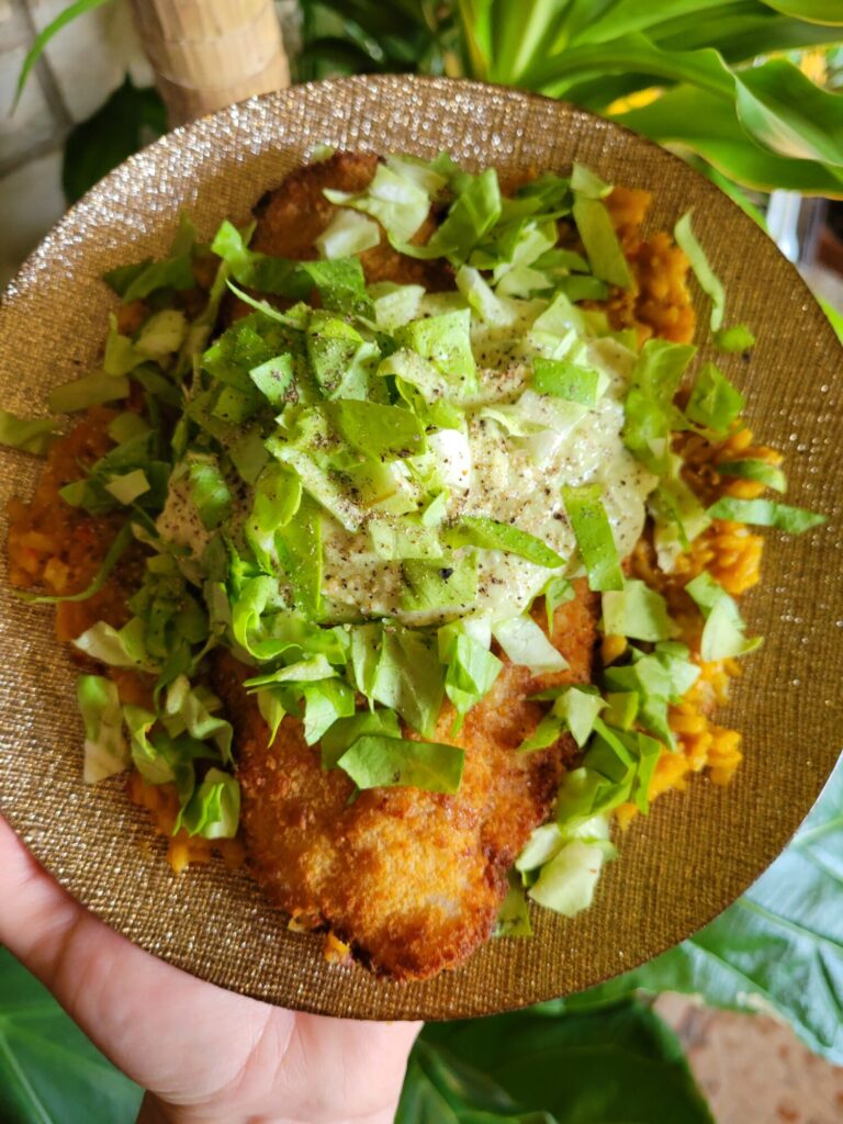 Salad w/ Catfish, Calabaza Squash Rice, & Avocado