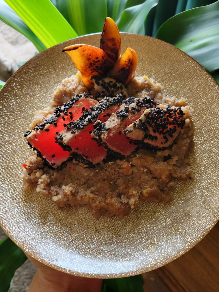 Salad w/ Ahi Tuna Steak, Tamari Quinoa, & Apples