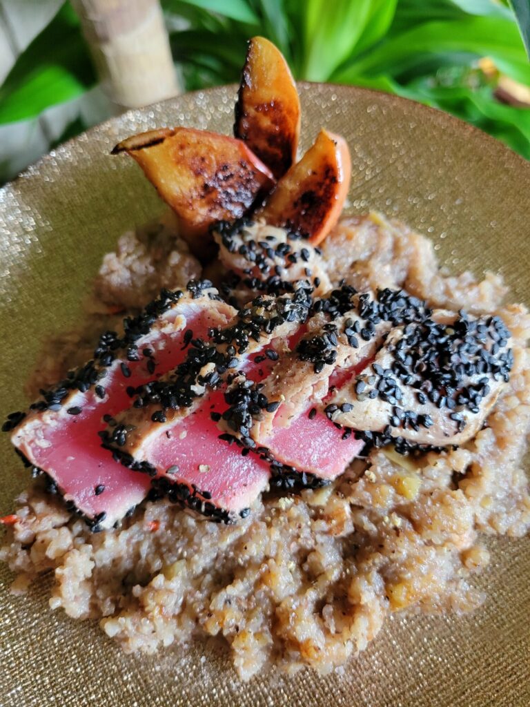 Salad w/ Ahi Tuna Steak, Tamari Quinoa, & Apples