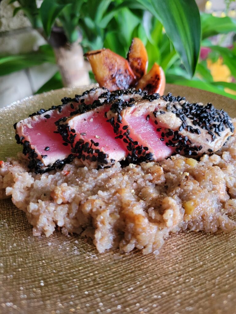 Salad w/ Ahi Tuna Steak, Tamari Quinoa, & Apples