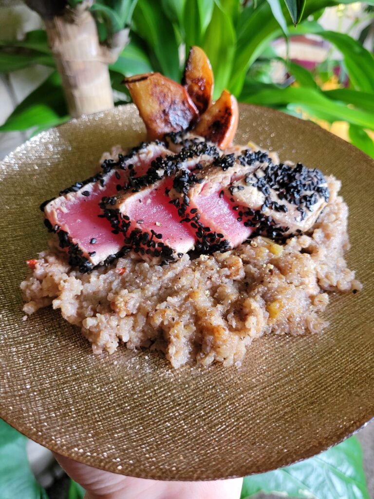 Salad w/ Ahi Tuna Steak, Tamari Quinoa, & Apples