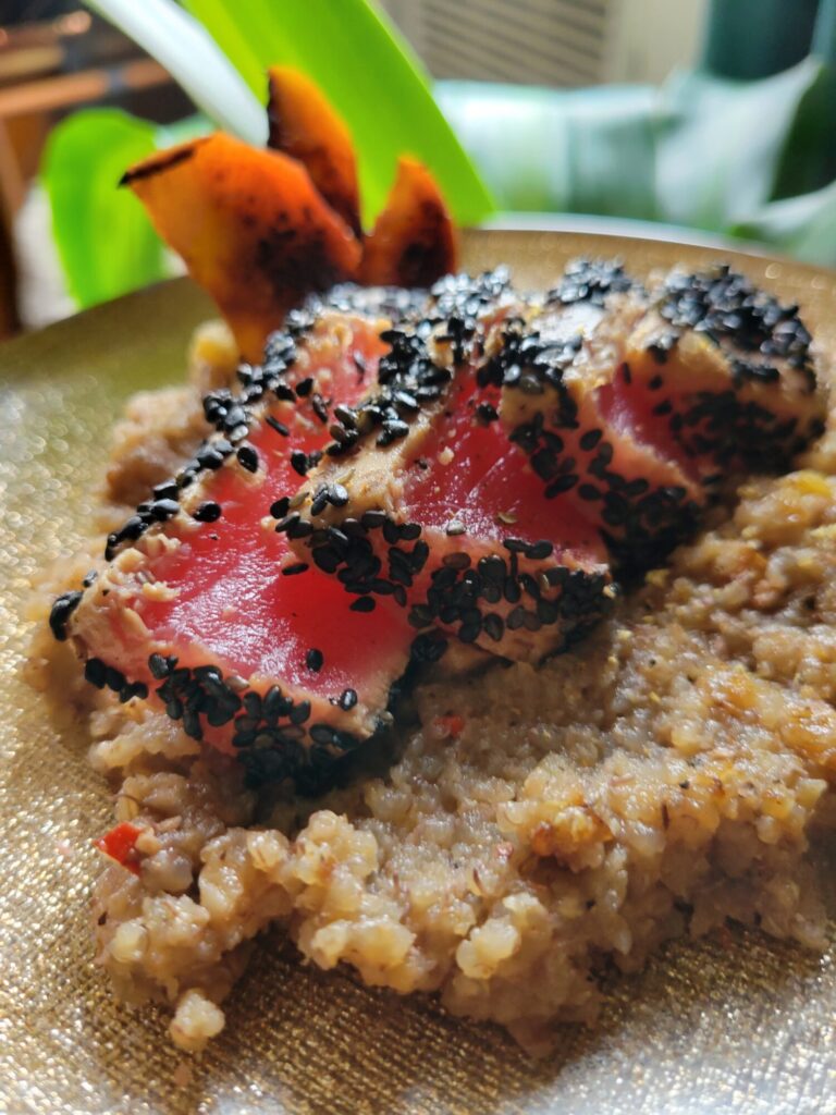 Salad w/ Ahi Tuna Steak, Tamari Quinoa, & Apples