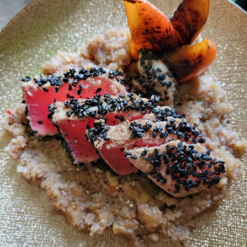 Salad w/ Ahi Tuna Steak, Tamari Quinoa, & Apples