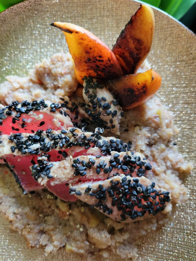 Salad w/ Ahi Tuna Steak, Tamari Quinoa, & Apples