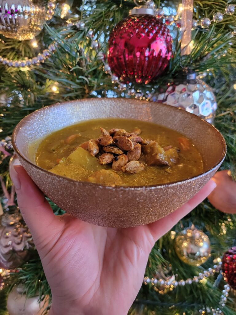 Curry w/ Broccoli, Squash, Fried Tofu, & Guinness