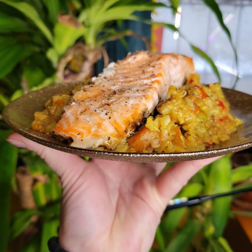 Salad w/ Baked Salmon & Tamari, Rice Wine Rice