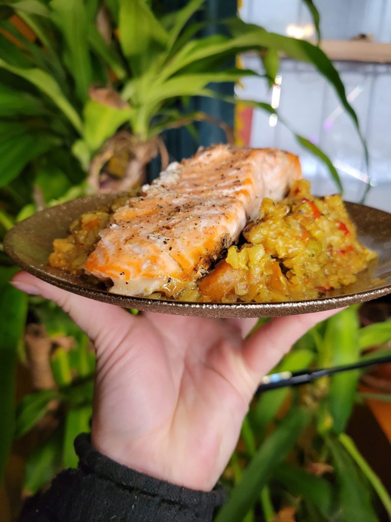 Salad w/ Baked Salmon & Tamari, Rice Wine Rice